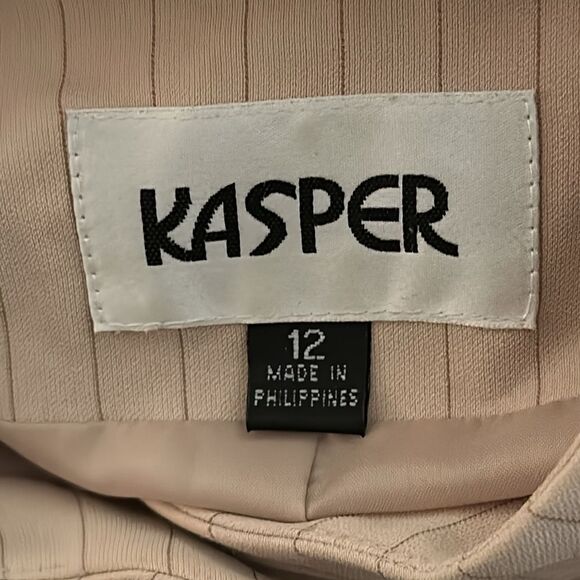 Kasper Women's Beige Brown Pinstripe Jacket Size 12 Mandarin Collar Blazer - Picture 4 of 5